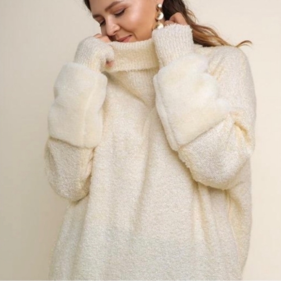 Umgee Cozy Turtleneck Sweater With Faux Fur Cuffs - Picture 1 of 5